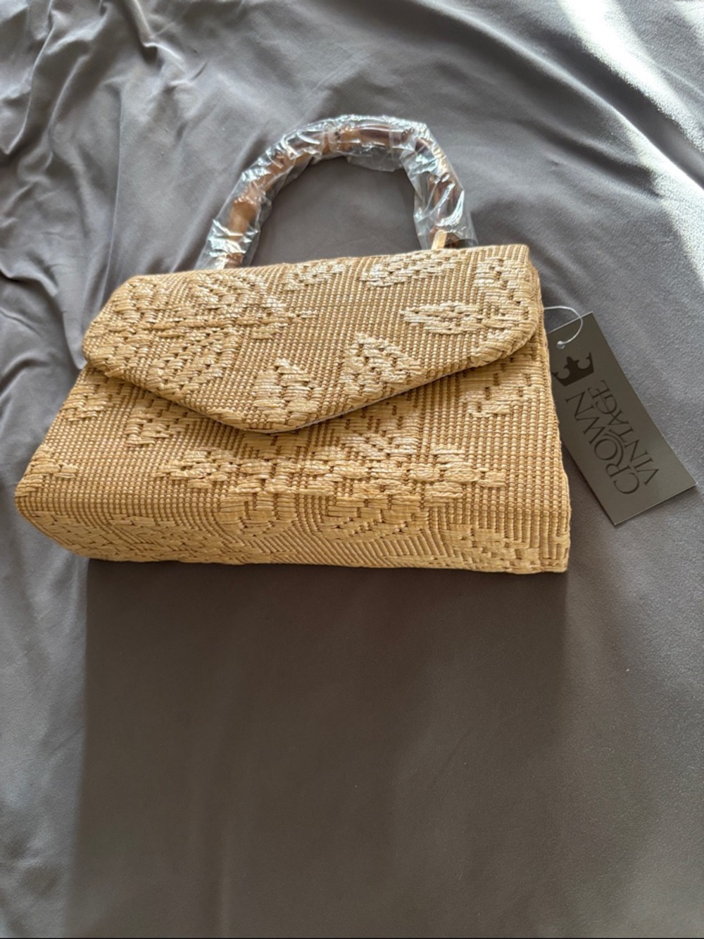 Crown Vintage Tan Woven Floral-Embossed Top-Handle Clutch